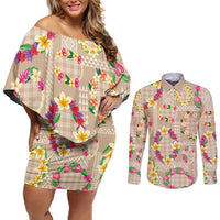 Hawaiian Kakau Tattoo Leis and Palaka Pattern Couples Matching Off Shoulder Short Dress and Long Sleeve Button Shirt Traditional Aloha Tribal Beige Color