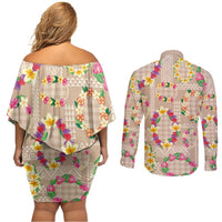 Hawaiian Kakau Tattoo Leis and Palaka Pattern Couples Matching Off Shoulder Short Dress and Long Sleeve Button Shirt Traditional Aloha Tribal Beige Color