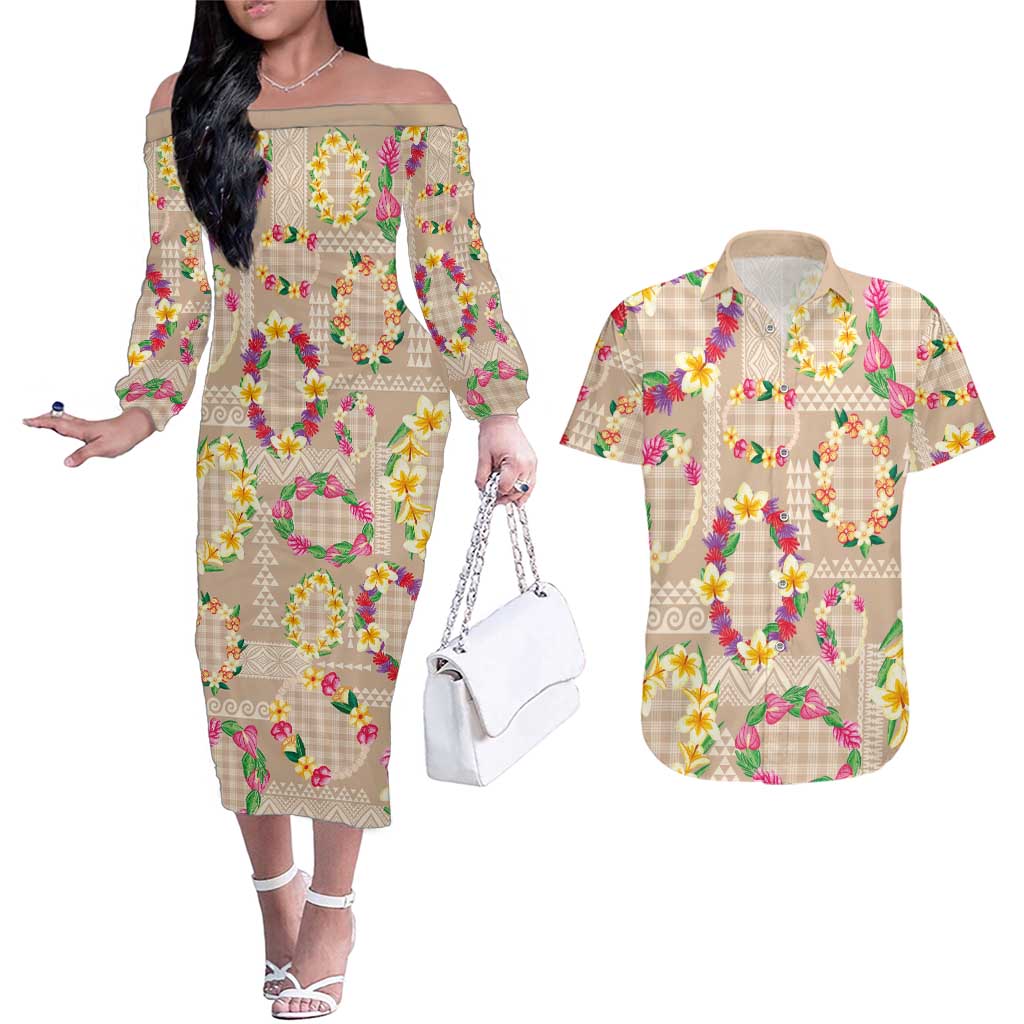 Hawaiian Kakau Tattoo Leis and Palaka Pattern Couples Matching Off The Shoulder Long Sleeve Dress and Hawaiian Shirt Traditional Aloha Tribal Beige Color