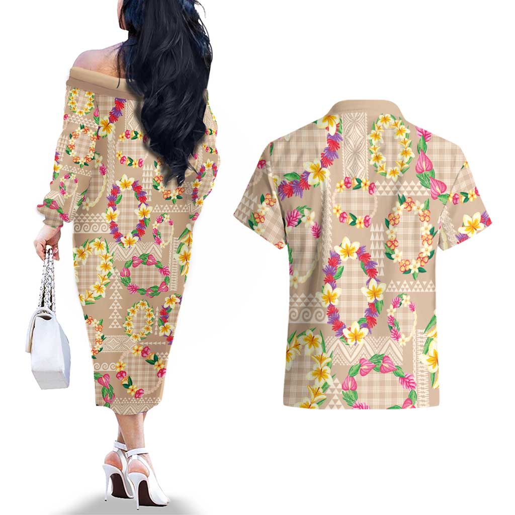Hawaiian Kakau Tattoo Leis and Palaka Pattern Couples Matching Off The Shoulder Long Sleeve Dress and Hawaiian Shirt Traditional Aloha Tribal Beige Color