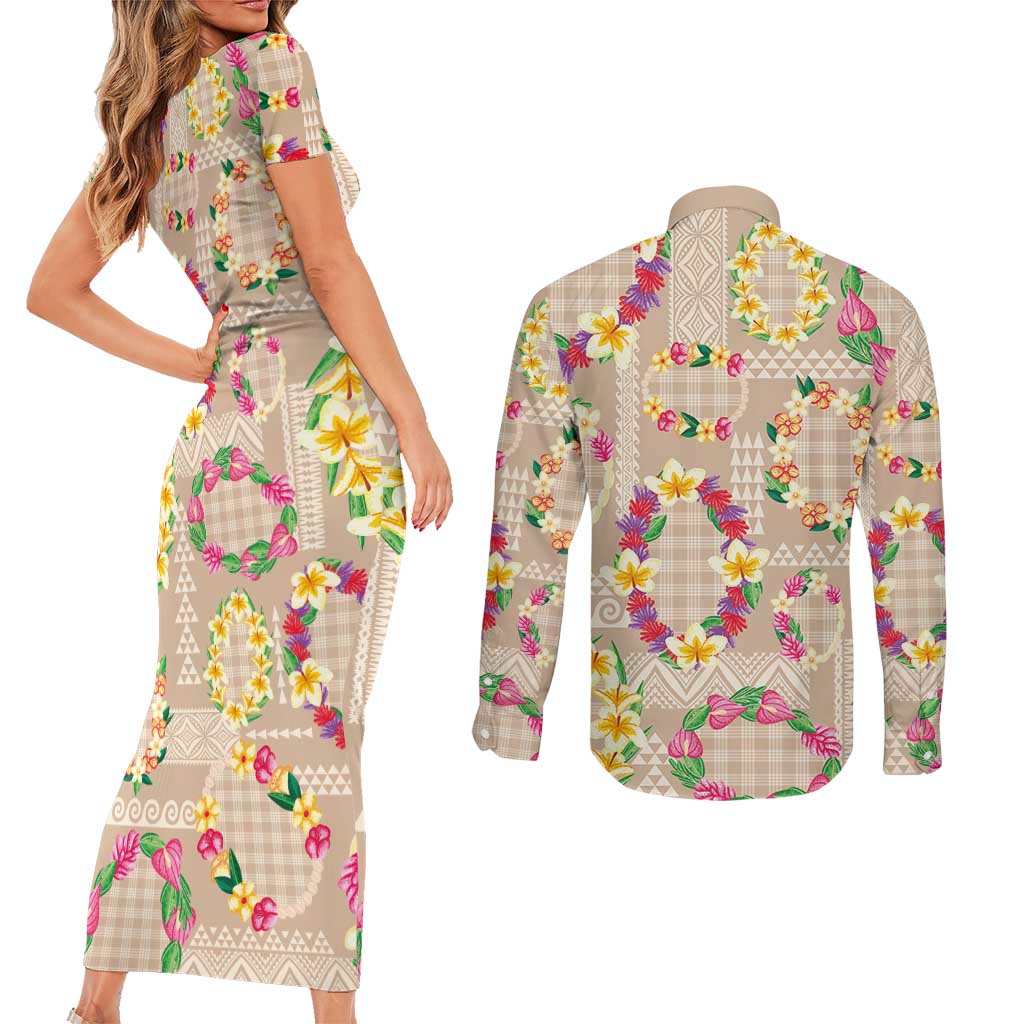 Hawaiian Kakau Tattoo Leis and Palaka Pattern Couples Matching Short Sleeve Bodycon Dress and Long Sleeve Button Shirt Traditional Aloha Tribal Beige Color