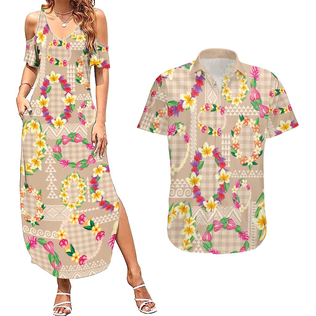 Hawaiian Kakau Tattoo Leis and Palaka Pattern Couples Matching Summer Maxi Dress and Hawaiian Shirt Traditional Aloha Tribal Beige Color