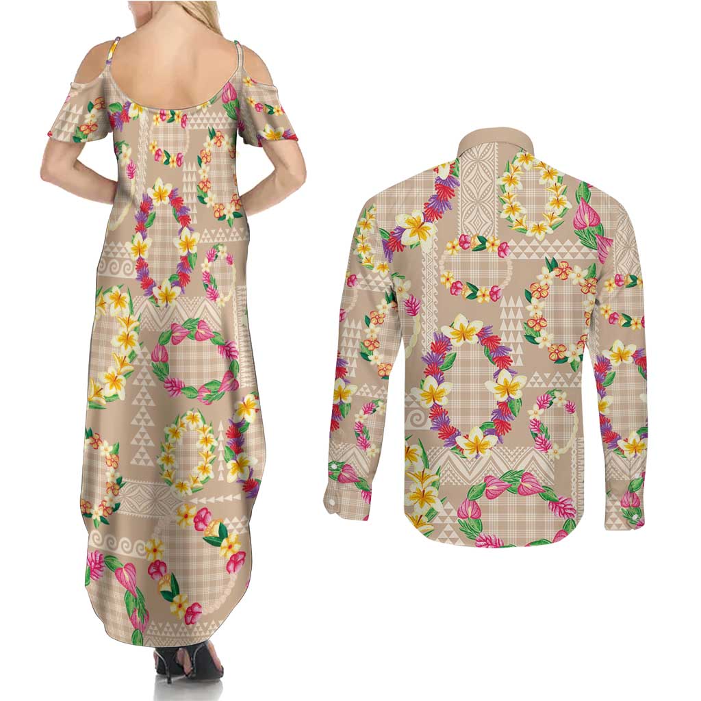 Hawaiian Kakau Tattoo Leis and Palaka Pattern Couples Matching Summer Maxi Dress and Long Sleeve Button Shirt Traditional Aloha Tribal Beige Color