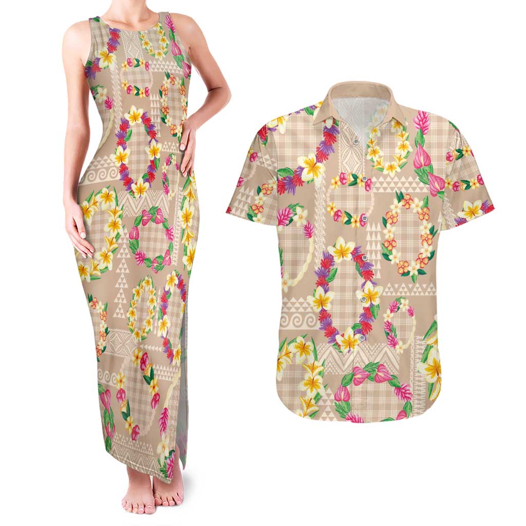 Hawaiian Kakau Tattoo Leis and Palaka Pattern Couples Matching Tank Maxi Dress and Hawaiian Shirt Traditional Aloha Tribal Beige Color