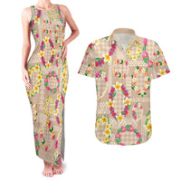 Hawaiian Kakau Tattoo Leis and Palaka Pattern Couples Matching Tank Maxi Dress and Hawaiian Shirt Traditional Aloha Tribal Beige Color