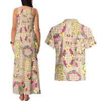 Hawaiian Kakau Tattoo Leis and Palaka Pattern Couples Matching Tank Maxi Dress and Hawaiian Shirt Traditional Aloha Tribal Beige Color