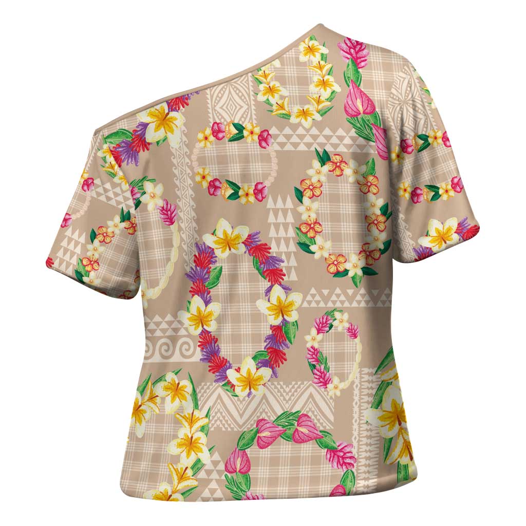 Hawaiian Kakau Tattoo Leis and Palaka Pattern Cross Shoulder Shirt Traditional Aloha Tribal Beige Color