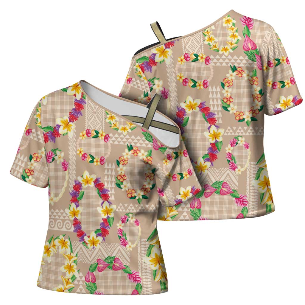 Hawaiian Kakau Tattoo Leis and Palaka Pattern Cross Shoulder Shirt Traditional Aloha Tribal Beige Color