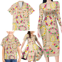 Hawaiian Kakau Tattoo Leis and Palaka Pattern Family Matching Long Sleeve Bodycon Dress and Hawaiian Shirt Traditional Aloha Tribal Beige Color