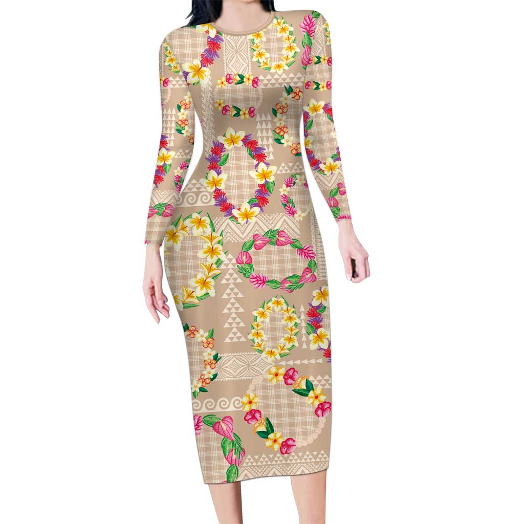 Hawaiian Kakau Tattoo Leis and Palaka Pattern Family Matching Long Sleeve Bodycon Dress and Hawaiian Shirt Traditional Aloha Tribal Beige Color