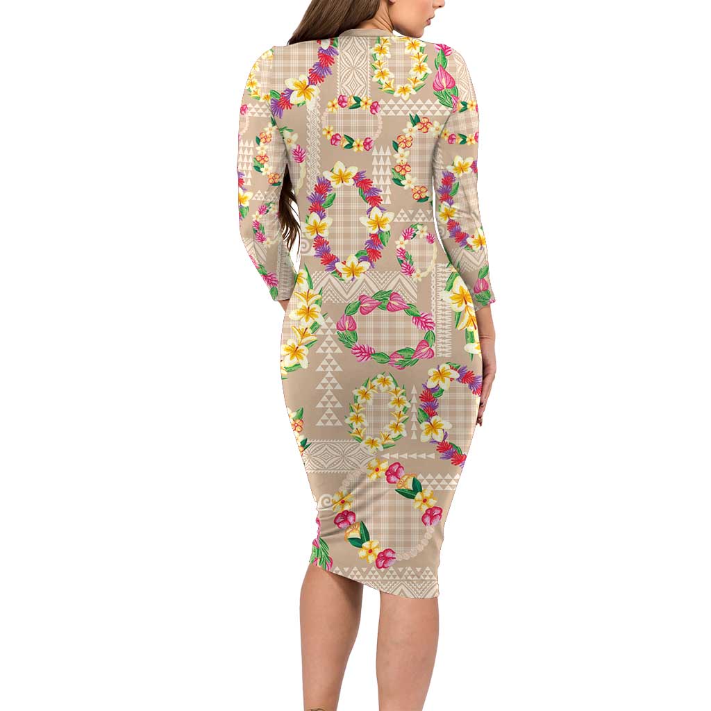 Hawaiian Kakau Tattoo Leis and Palaka Pattern Family Matching Long Sleeve Bodycon Dress and Hawaiian Shirt Traditional Aloha Tribal Beige Color