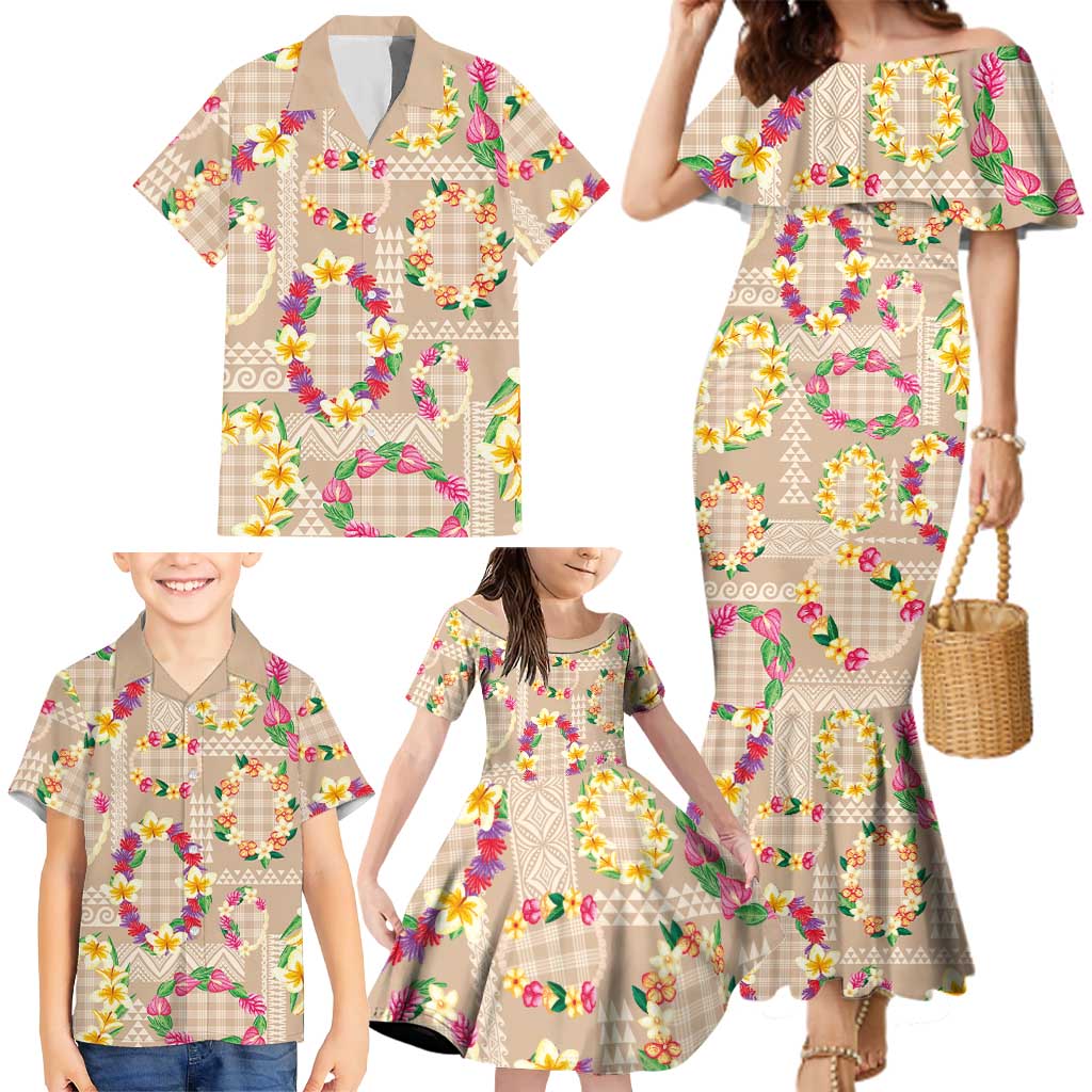 Hawaiian Kakau Tattoo Leis and Palaka Pattern Family Matching Mermaid Dress and Hawaiian Shirt Traditional Aloha Tribal Beige Color