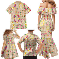 Hawaiian Kakau Tattoo Leis and Palaka Pattern Family Matching Mermaid Dress and Hawaiian Shirt Traditional Aloha Tribal Beige Color