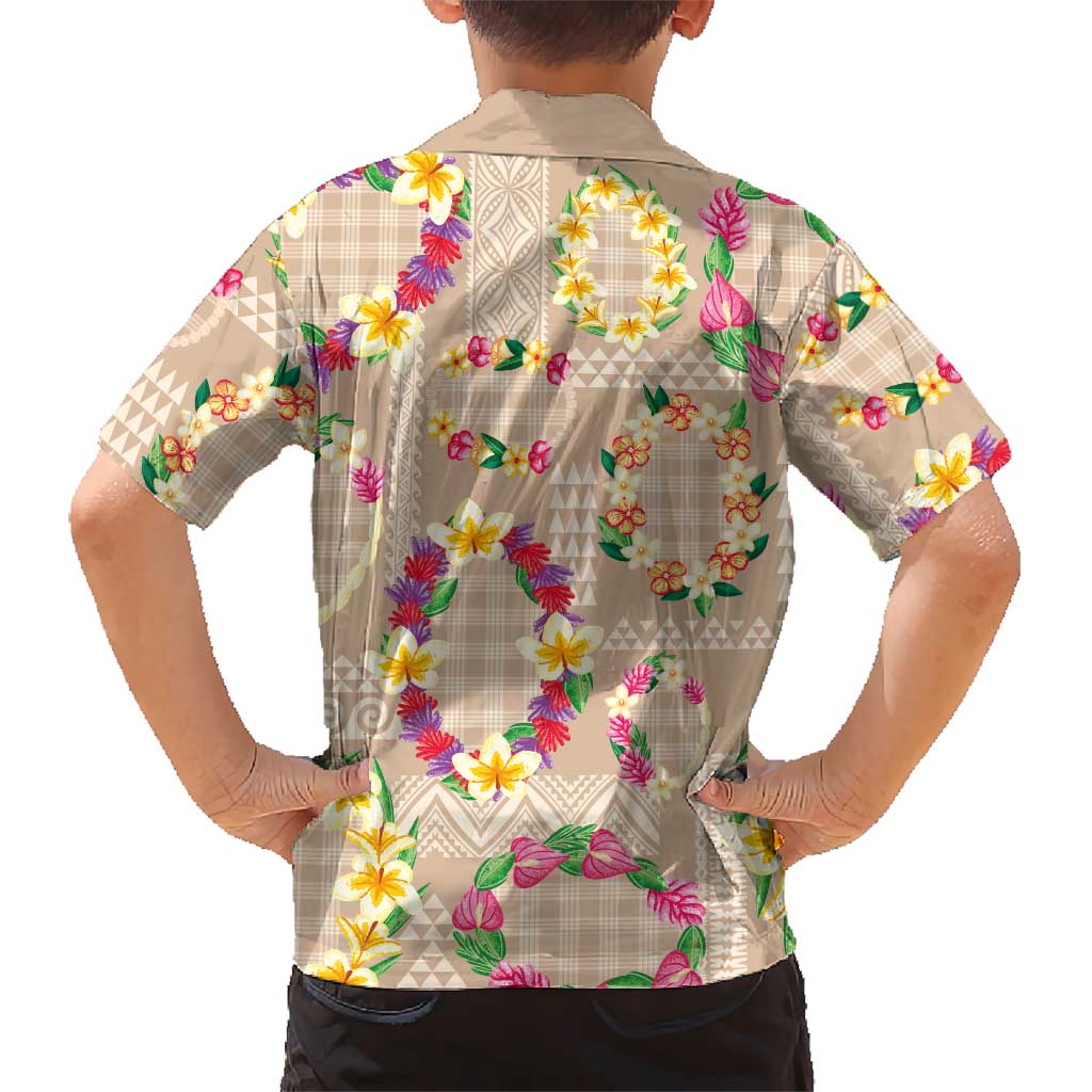 Hawaiian Kakau Tattoo Leis and Palaka Pattern Family Matching Off The Shoulder Long Sleeve Dress and Hawaiian Shirt Traditional Aloha Tribal Beige Color