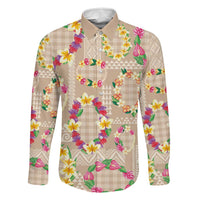 Hawaiian Kakau Tattoo Leis and Palaka Pattern Family Matching Off The Shoulder Long Sleeve Dress and Hawaiian Shirt Traditional Aloha Tribal Beige Color