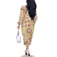 Hawaiian Kakau Tattoo Leis and Palaka Pattern Family Matching Off The Shoulder Long Sleeve Dress and Hawaiian Shirt Traditional Aloha Tribal Beige Color