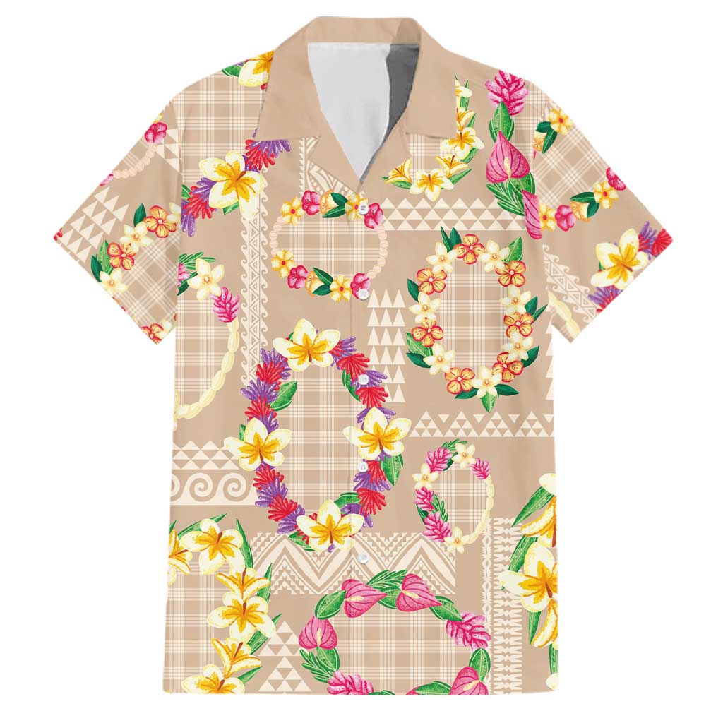 Hawaiian Kakau Tattoo Leis and Palaka Pattern Family Matching Off Shoulder Maxi Dress and Hawaiian Shirt Traditional Aloha Tribal Beige Color