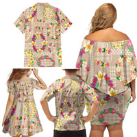 Hawaiian Kakau Tattoo Leis and Palaka Pattern Family Matching Off Shoulder Short Dress and Hawaiian Shirt Traditional Aloha Tribal Beige Color