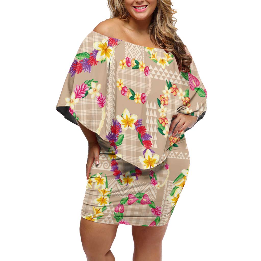 Hawaiian Kakau Tattoo Leis and Palaka Pattern Family Matching Off Shoulder Short Dress and Hawaiian Shirt Traditional Aloha Tribal Beige Color