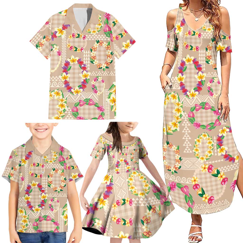 Hawaiian Kakau Tattoo Leis and Palaka Pattern Family Matching Summer Maxi Dress and Hawaiian Shirt Traditional Aloha Tribal Beige Color