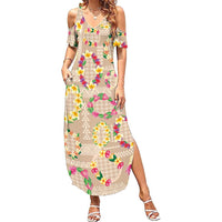 Hawaiian Kakau Tattoo Leis and Palaka Pattern Family Matching Summer Maxi Dress and Hawaiian Shirt Traditional Aloha Tribal Beige Color