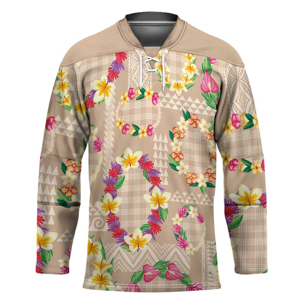 Hawaiian Kakau Tattoo Leis and Palaka Pattern Hockey Jersey Traditional Aloha Tribal Beige Color