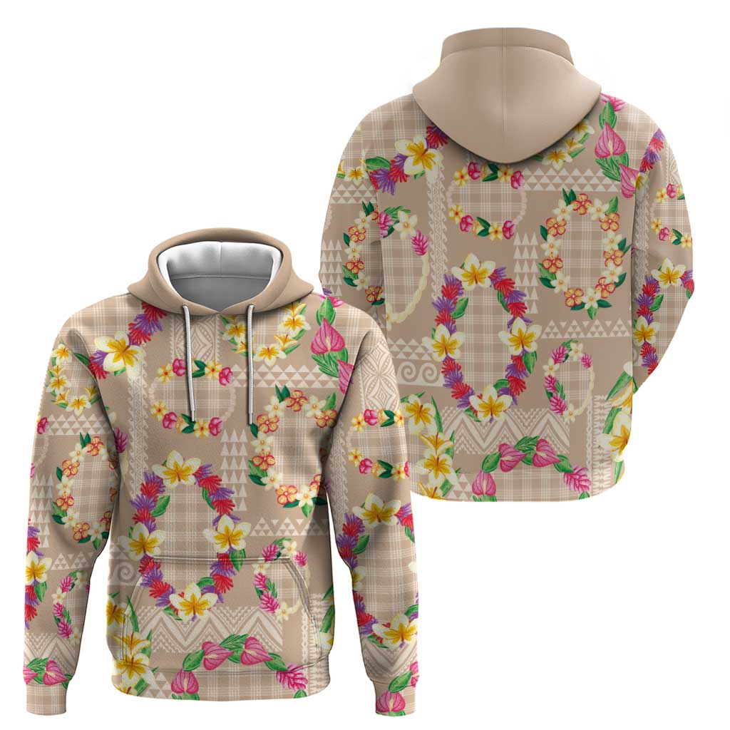 Hawaiian Kakau Tattoo Leis and Palaka Pattern Hoodie Traditional Aloha Tribal Beige Color