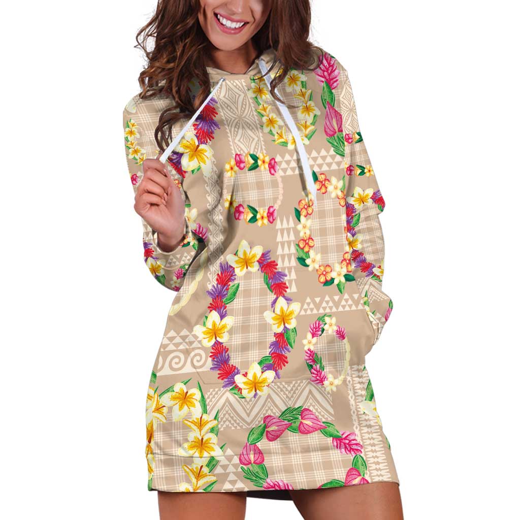 Hawaiian Kakau Tattoo Leis and Palaka Pattern Hoodie Dress Traditional Aloha Tribal Beige Color
