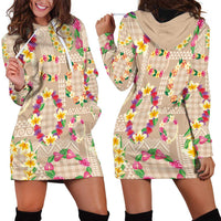 Hawaiian Kakau Tattoo Leis and Palaka Pattern Hoodie Dress Traditional Aloha Tribal Beige Color