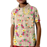 Hawaiian Kakau Tattoo Leis and Palaka Pattern Kid Polo Shirt Traditional Aloha Tribal Beige Color