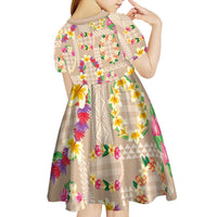 Hawaiian Kakau Tattoo Leis and Palaka Pattern Kid Short Sleeve Dress Traditional Aloha Tribal Beige Color