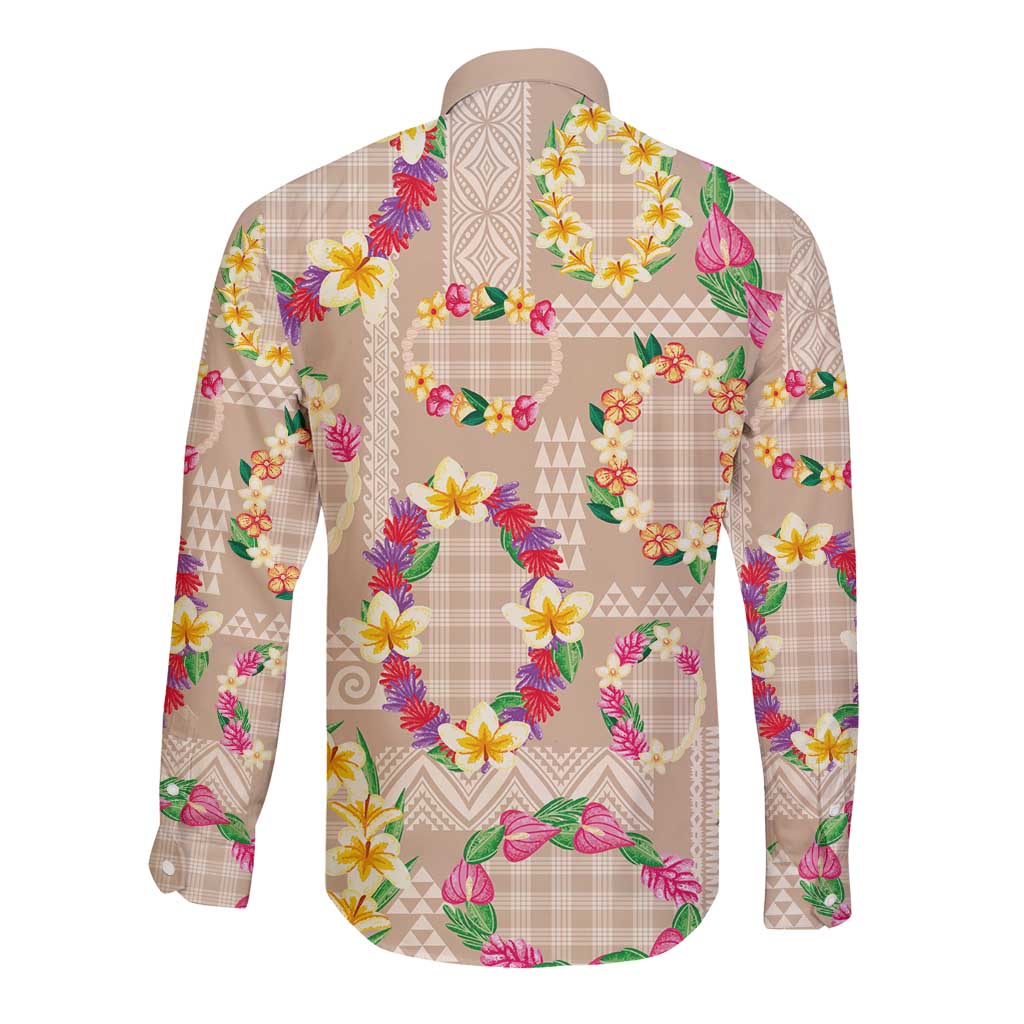 Hawaiian Kakau Tattoo Leis and Palaka Pattern Long Sleeve Button Shirt Traditional Aloha Tribal Beige Color LT03 - Polynesian Pride