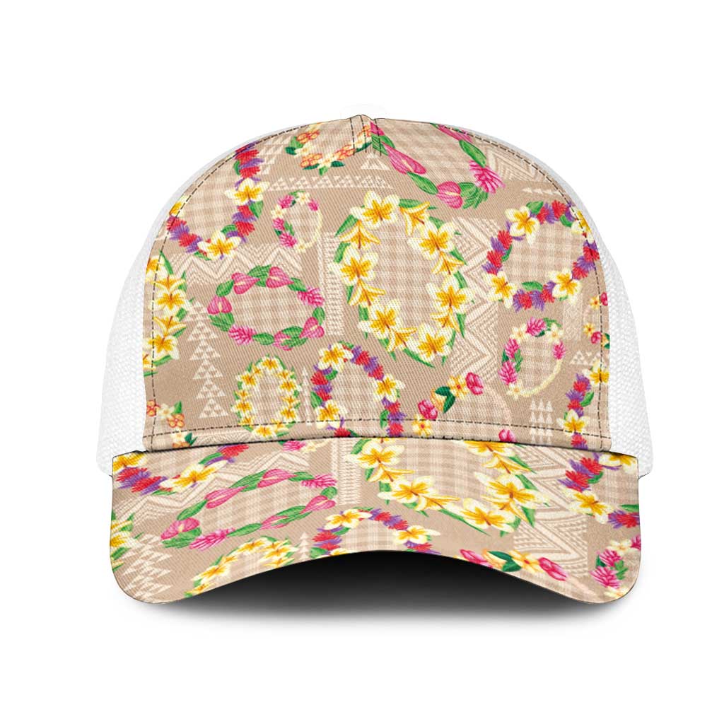 Hawaiian Kakau Tattoo Leis and Palaka Pattern Mesh Trucker Cap Traditional Aloha Tribal Beige Color