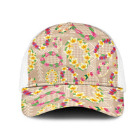 Hawaiian Kakau Tattoo Leis and Palaka Pattern Mesh Trucker Cap Traditional Aloha Tribal Beige Color