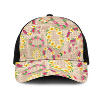 Hawaiian Kakau Tattoo Leis and Palaka Pattern Mesh Trucker Cap Traditional Aloha Tribal Beige Color