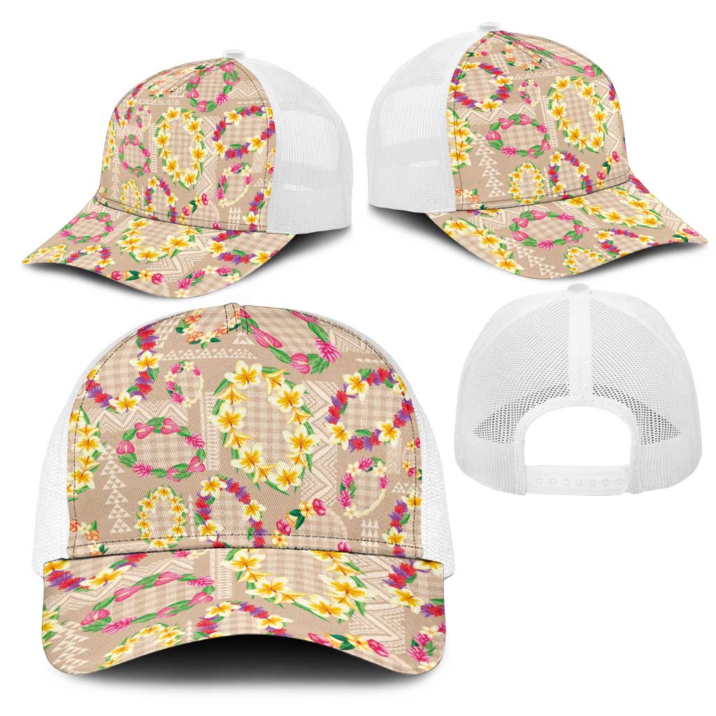 Hawaiian Kakau Tattoo Leis and Palaka Pattern Mesh Trucker Cap Traditional Aloha Tribal Beige Color
