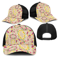 Hawaiian Kakau Tattoo Leis and Palaka Pattern Mesh Trucker Cap Traditional Aloha Tribal Beige Color