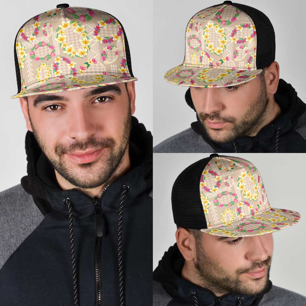 Hawaiian Kakau Tattoo Leis and Palaka Pattern Mesh Trucker Cap Traditional Aloha Tribal Beige Color