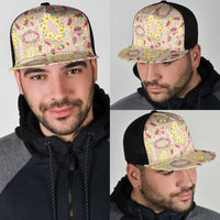 Hawaiian Kakau Tattoo Leis and Palaka Pattern Mesh Trucker Cap Traditional Aloha Tribal Beige Color