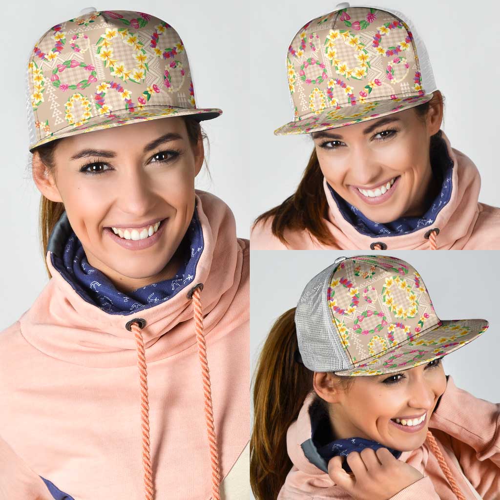 Hawaiian Kakau Tattoo Leis and Palaka Pattern Mesh Trucker Cap Traditional Aloha Tribal Beige Color
