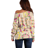 Hawaiian Kakau Tattoo Leis and Palaka Pattern Off Shoulder Sweater Traditional Aloha Tribal Beige Color LT03 - Polynesian Pride