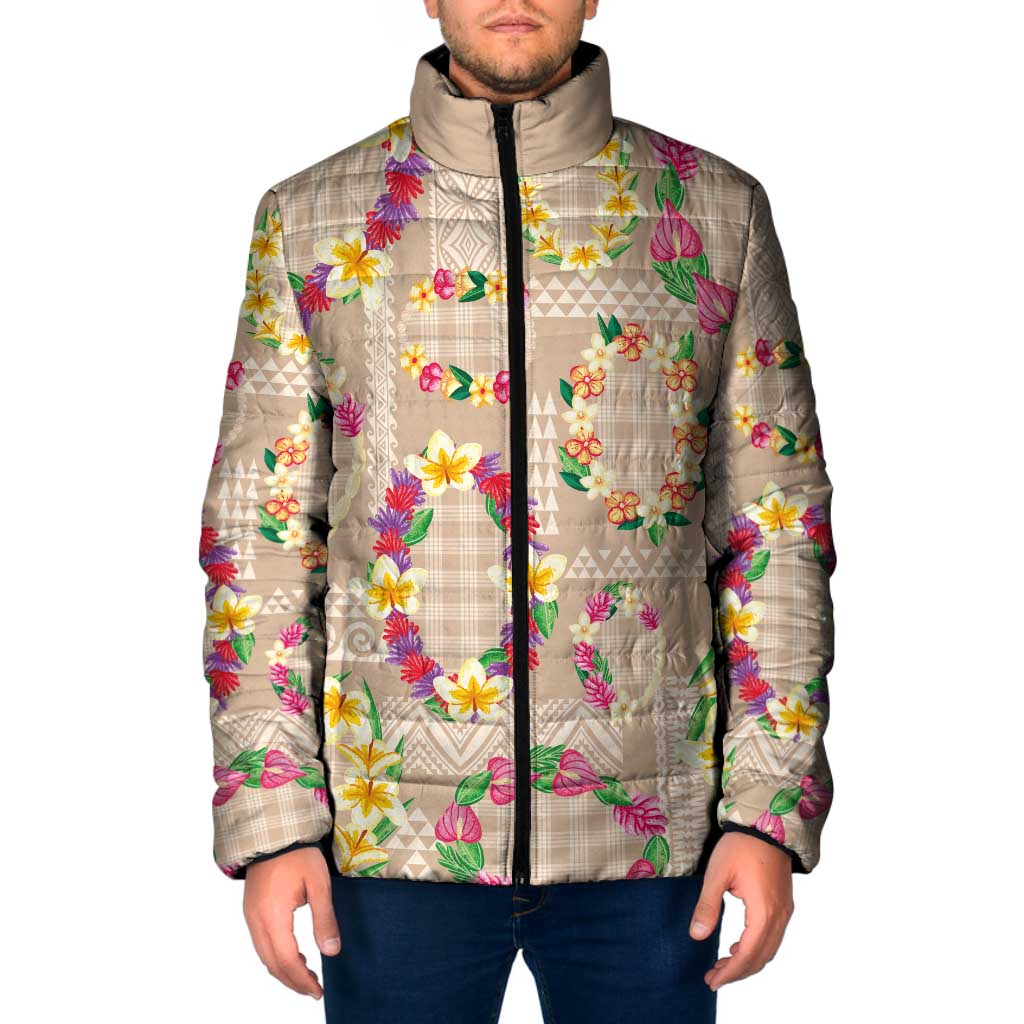 Hawaiian Kakau Tattoo Leis and Palaka Pattern Padded Jacket Traditional Aloha Tribal Beige Color LT03 Men Beige - Polynesian Pride
