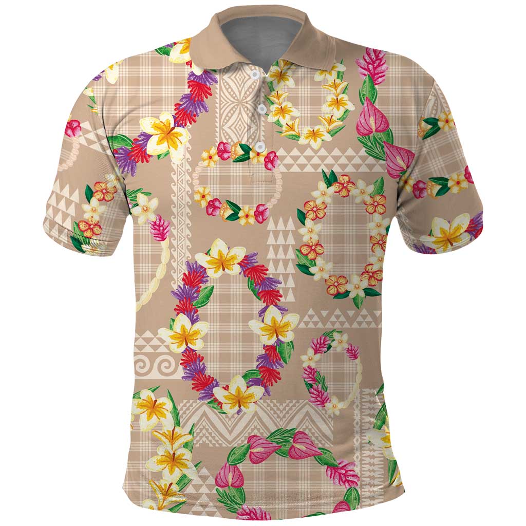 Hawaiian Kakau Tattoo Leis and Palaka Pattern Polo Shirt Traditional Aloha Tribal Beige Color