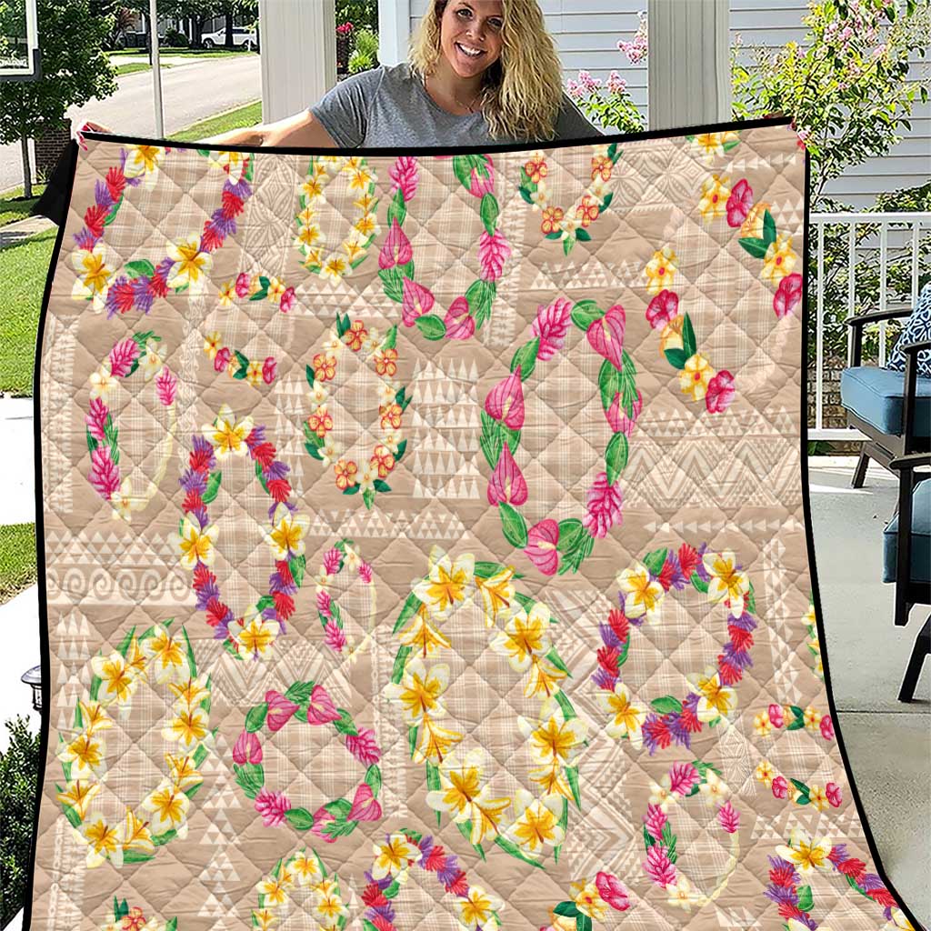 Hawaiian Kakau Tattoo Leis and Palaka Pattern Quilt Traditional Aloha Tribal Beige Color