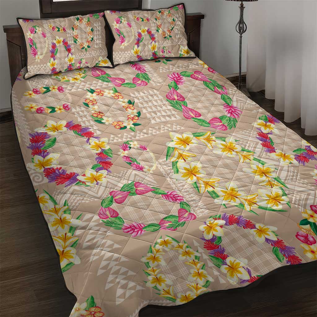 Hawaiian Kakau Tattoo Leis and Palaka Pattern Quilt Bed Set Traditional Aloha Tribal Beige Color LT03 Beige - Polynesian Pride