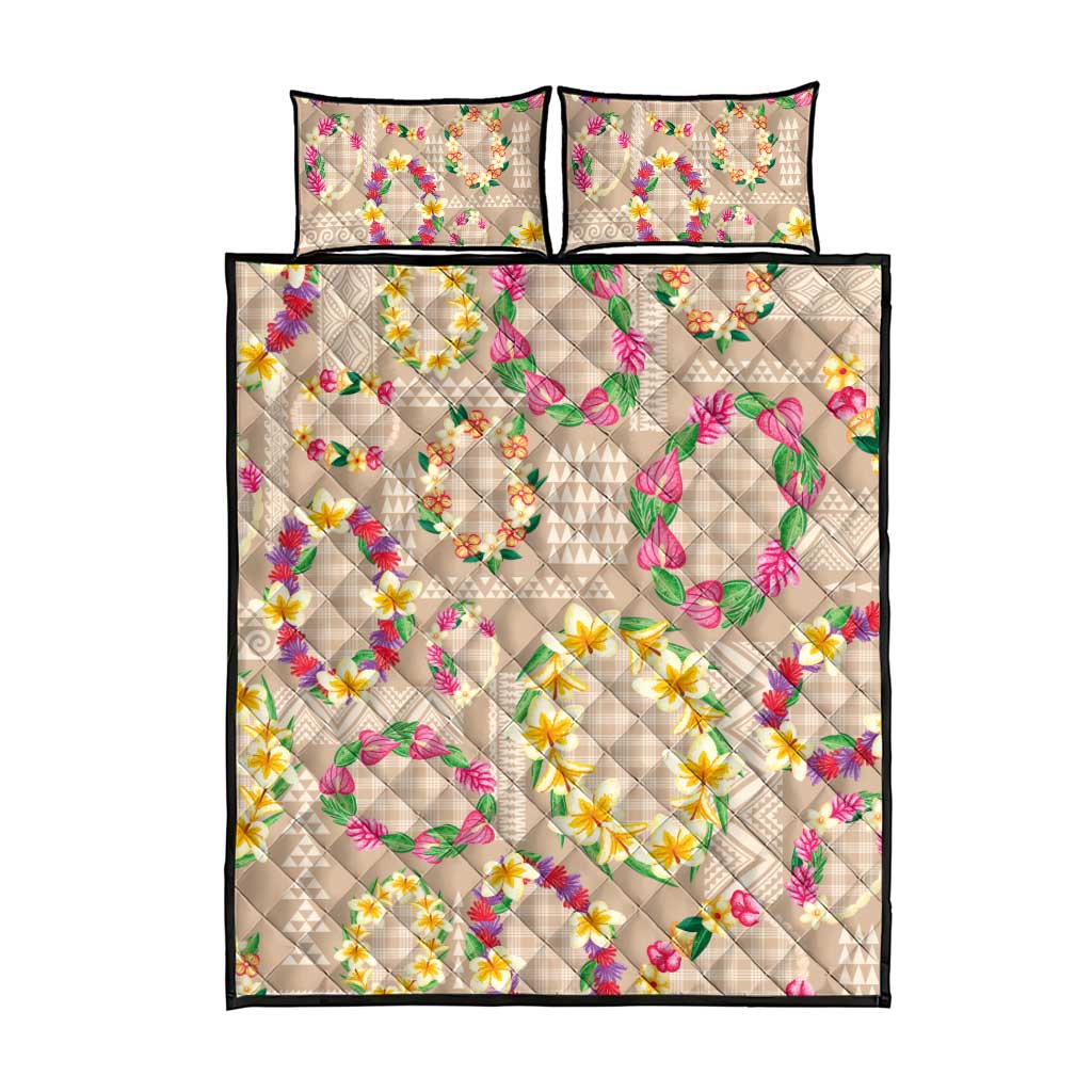 Hawaiian Kakau Tattoo Leis and Palaka Pattern Quilt Bed Set Traditional Aloha Tribal Beige Color LT03 - Polynesian Pride