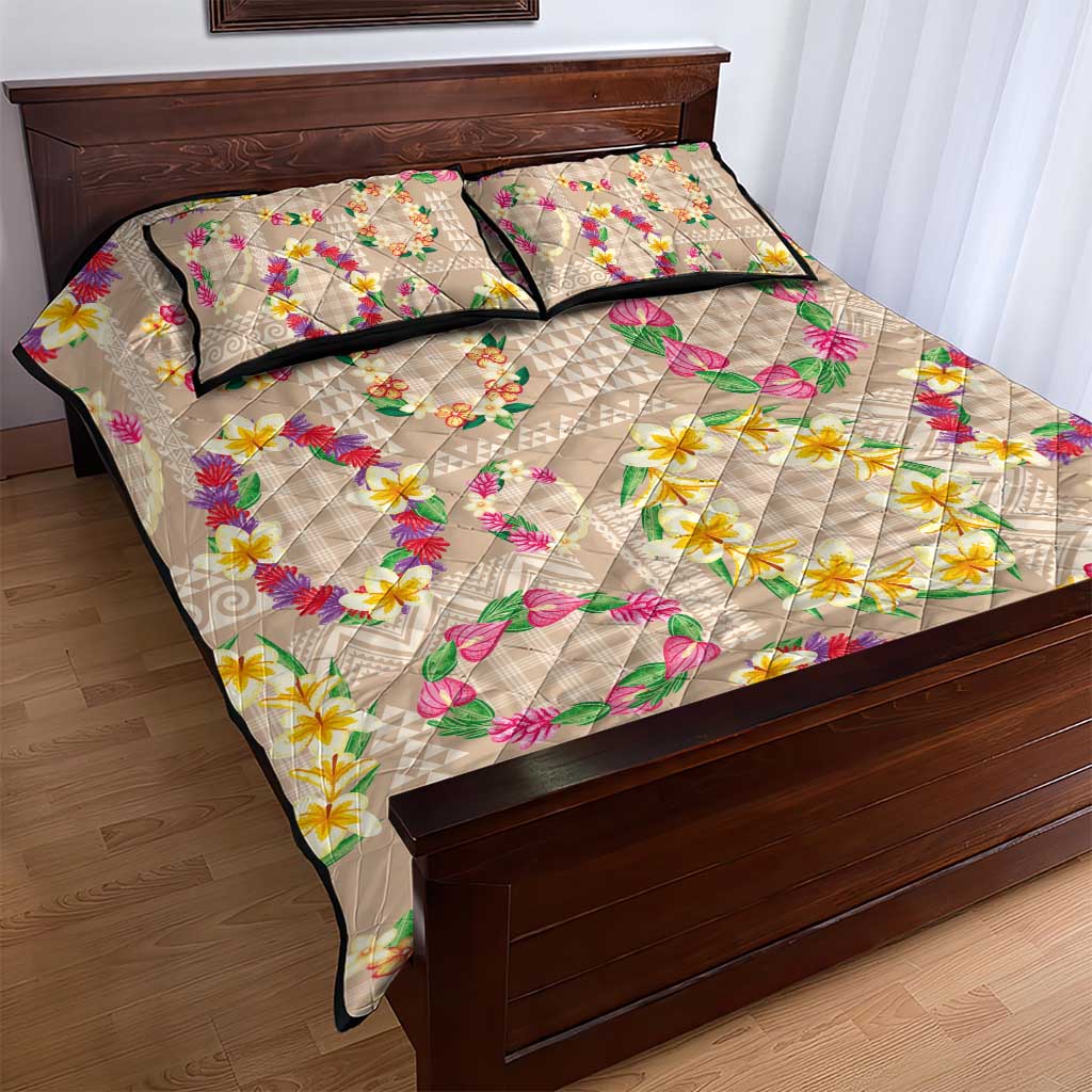 Hawaiian Kakau Tattoo Leis and Palaka Pattern Quilt Bed Set Traditional Aloha Tribal Beige Color LT03 - Polynesian Pride
