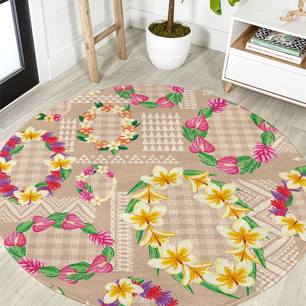 Hawaiian Kakau Tattoo Leis and Palaka Pattern Round Carpet Traditional Aloha Tribal Beige Color