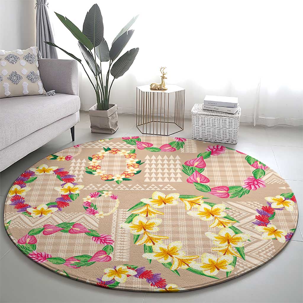 Hawaiian Kakau Tattoo Leis and Palaka Pattern Round Carpet Traditional Aloha Tribal Beige Color