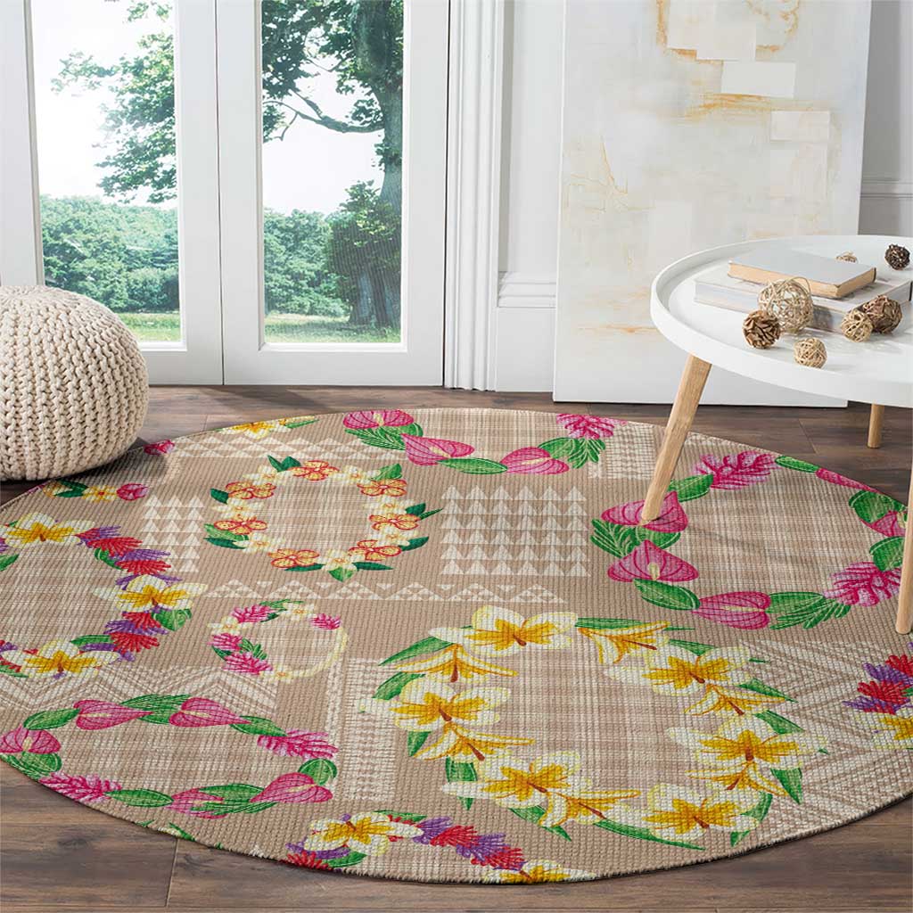 Hawaiian Kakau Tattoo Leis and Palaka Pattern Round Carpet Traditional Aloha Tribal Beige Color